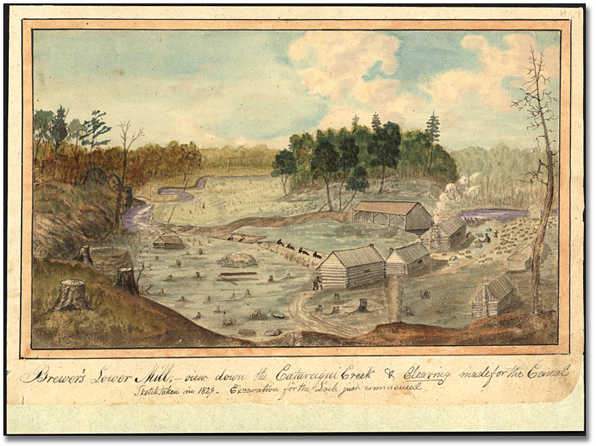 Aquarelle : Brewer's Lower Mill - view down the Cataraqui Creek and clearing made for the Canal, 1829