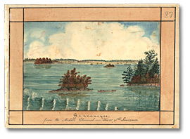 Watercolour: Gananoque from the St. Lawrence River, 1830
