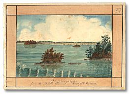 Aquarelle : Gannanoque from the middle channel – River Ste. Lawrence, 1830 Aquarelle : Gannanoque from the middle channel – River Ste. Lawrence, 1830