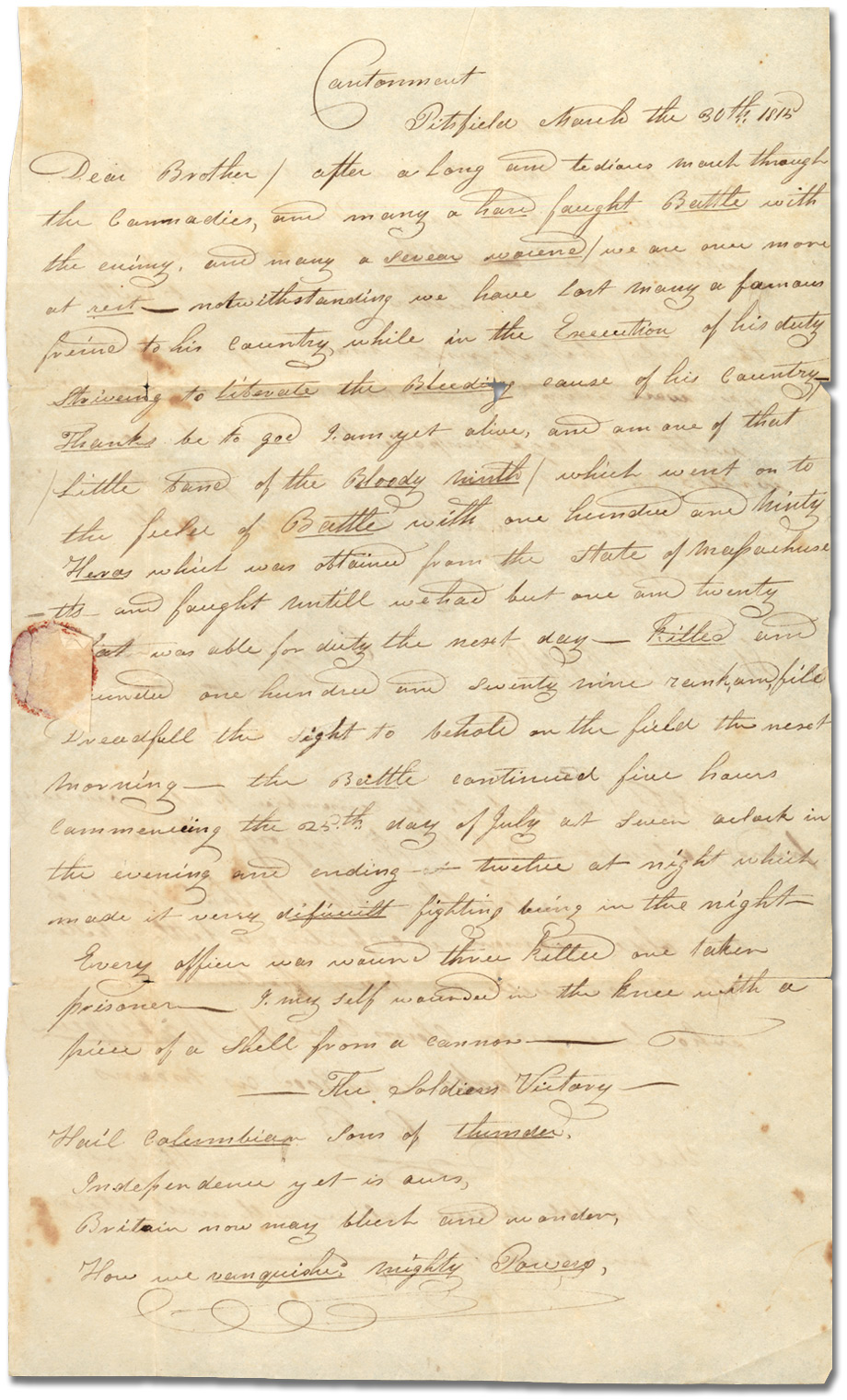 Lettre du Lt. C. Blake, 9th U.S. Infantry à son frère William Blake, 30 mars 1815, [page 1]