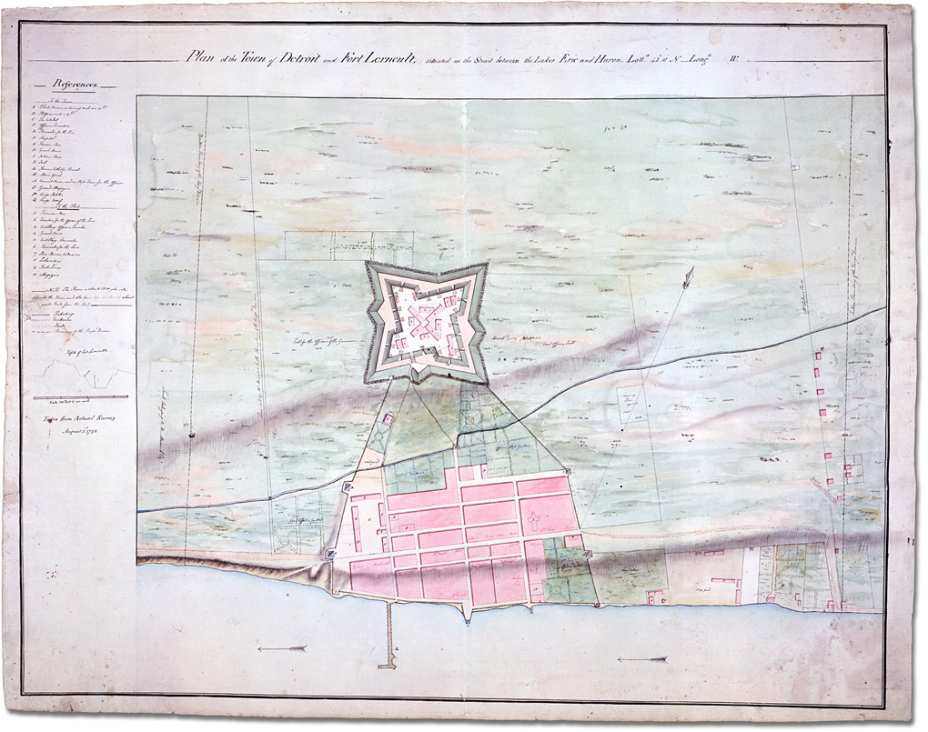 Carte : Plan of the Town of Détroit and Fort Lerncult, situated on the strait between Lakes Erie and Huron, 1 août 1792