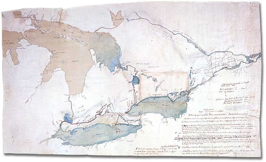 Sketch map of Upper Canada showing the routes Lt. Gov. Simcoe took on journeys between mars 1793 et septembre 1795
