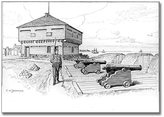Drawing: Blockhouse and Battery in Old Fort, Toronto, 1812, [ca. 1921]