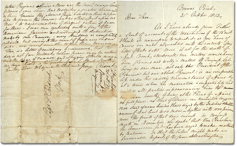 Lettre de Thomas G. Ridout (Brown's Point) à son frère, Samuel Ridout, 21 octobre 1812