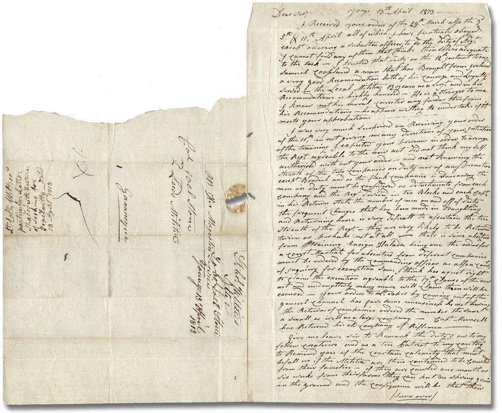 Letter from Lieutenant Colonel Benoni Wiltse to Colonel Joel Stone, April 13, 1813 (Pages 1 and 3)
