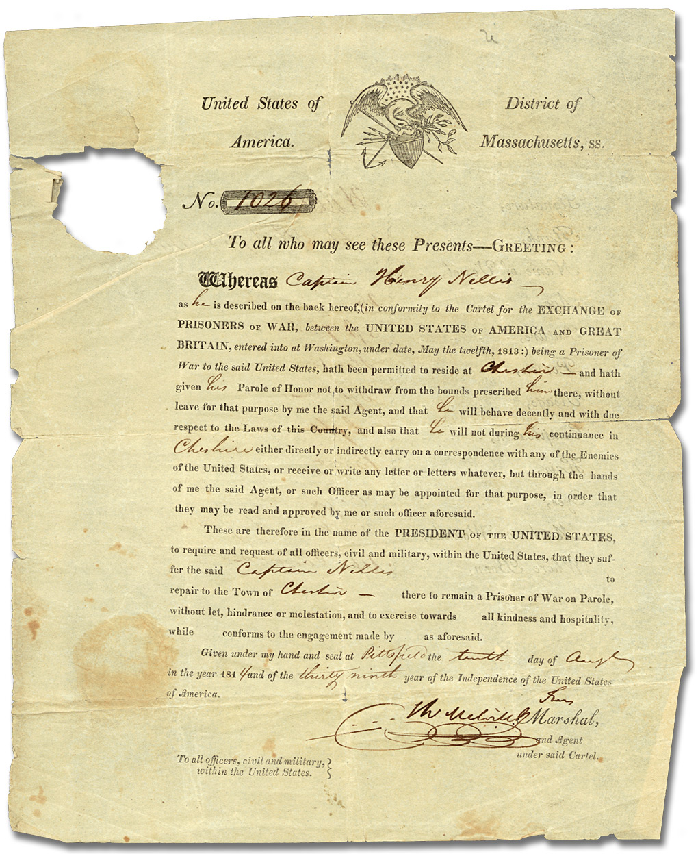 Document sur la libération du capitaine Henry Nelles, prisonnier de guerre, 10 août 1814
