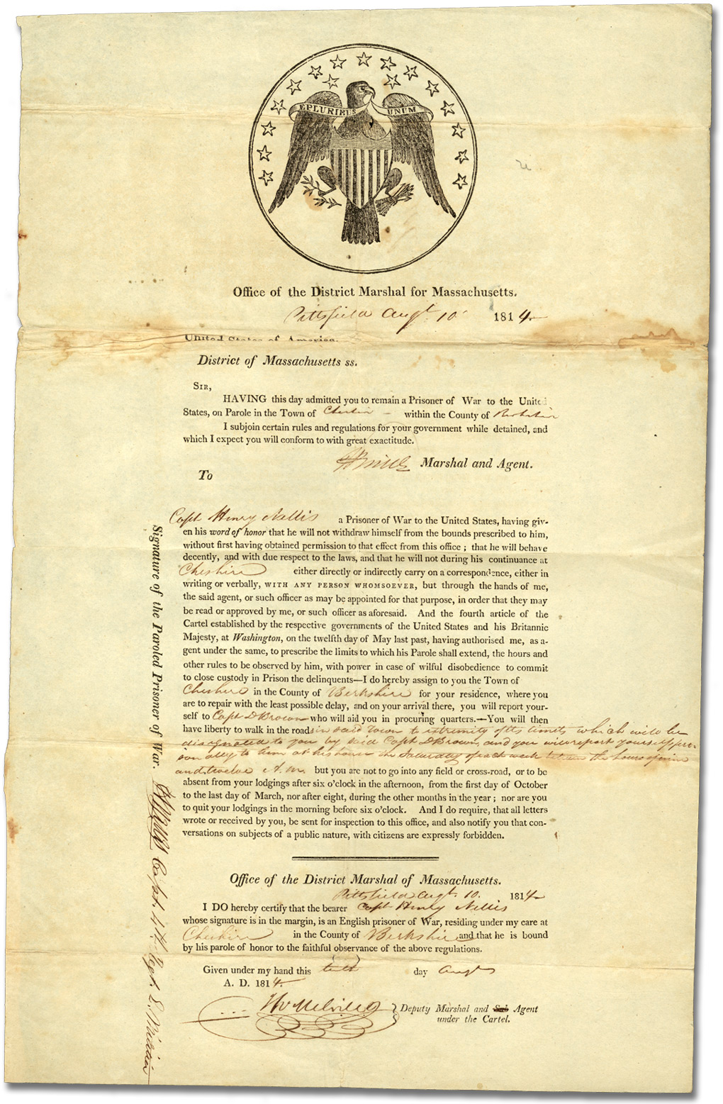 Document regarding the parole of Captain Henry Nelles, prisoner of War, August 10, 1814