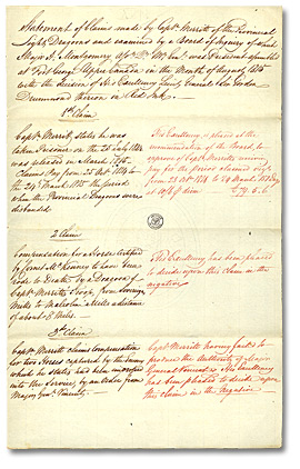 Statement of claims made by Capt. Merritt of the Provincial Light Dragoons and examined by a Board of Inquiry (…), 1815 (Page 1) Statement of claims made by Capt. Merritt of the Provincial Light Dragoons and examined by a Board of Inquiry (…), 1815 (Page 1)