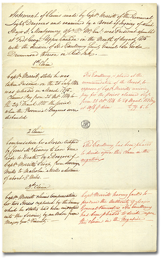 Statement of claims made by Capt. Merritt of the Provincial Light Dragoons and examined by a Board of Inquiry (…), 1815 (Page 1)