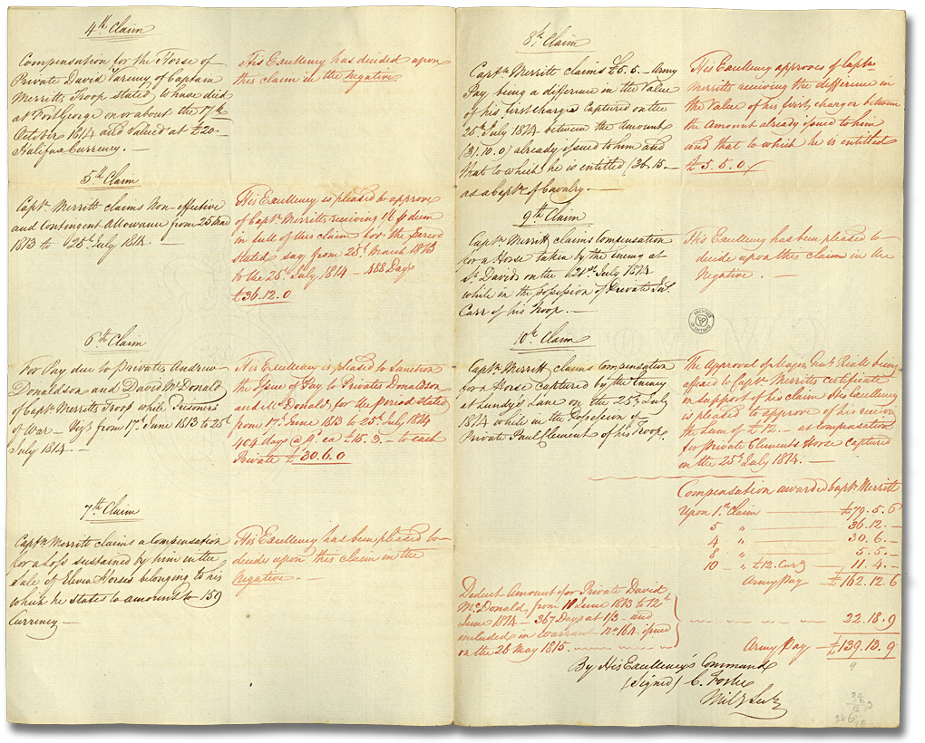 Statement of claims made by Capt. Merritt of the Provincial Light Dragoons and examined by a Board of Inquiry (…), 1815 (pages 2 and 3) Statement of claims made by Capt. Merritt of the Provincial Light Dragoons and examined by a Board of Inquiry (…), 1815 (pages 2 and 3)