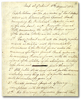 Les conditions de capitulation de Détroit, août 16 1812, (page 1) Les conditions de capitulation de Détroit, 16 août 1812, (page 1)