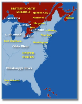Carte - l'Amérique du Nord britannique et les États-Unis durant la guerre