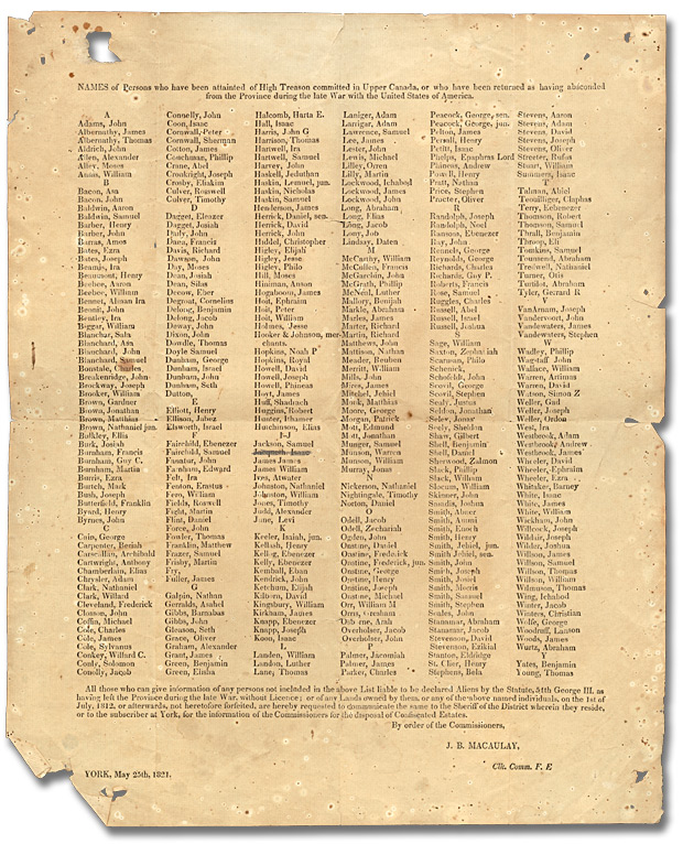 Affiche sur la haute trahison pendant la guerre de 1812 du greffier de la paix du district de Newcastle, 1821