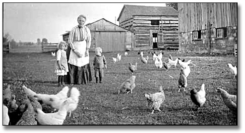 Photo: Woman and two young children standing in a farm yard, with chickens, [ca. 1940]