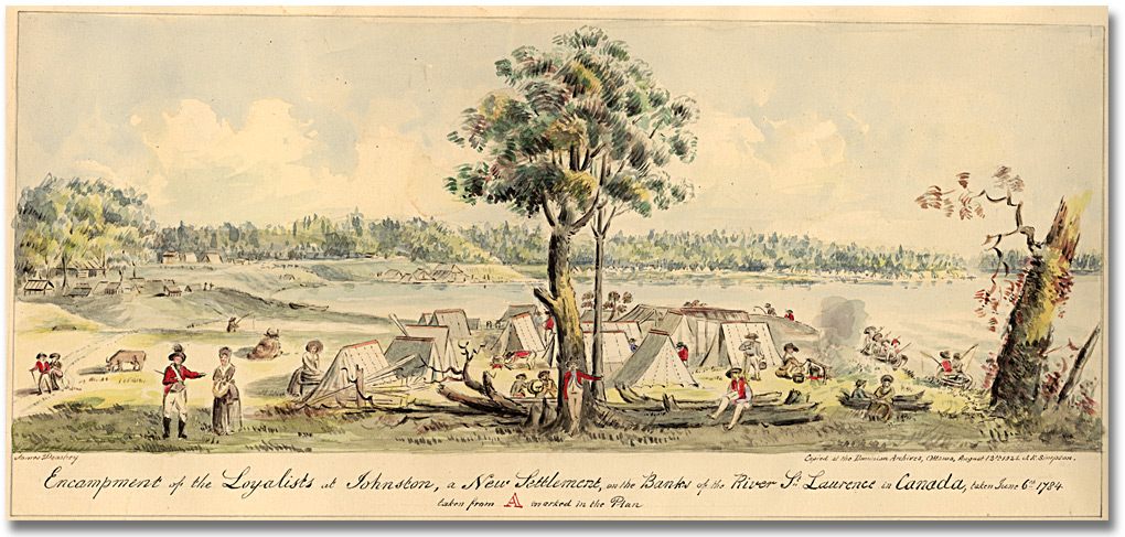 Aquarelle : Encampment of the Loyalists in Johnstown, a new settlement on the banks of the River St. Lawrence in Canada West, 1925