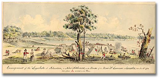 Aquarelle : Encampment of the Loyalists in Johnstown a new settlement on the banks of the River St. Lawrence in Canada West, 1925