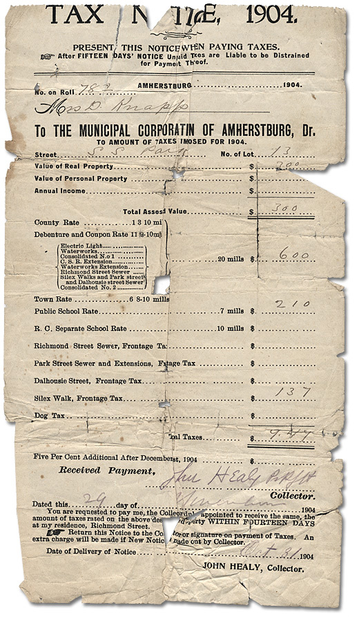 Tax Notice, Amherstburg, 1904