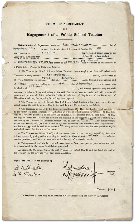 Contrat d'engagement d'un enseignant d'école publique, 1914