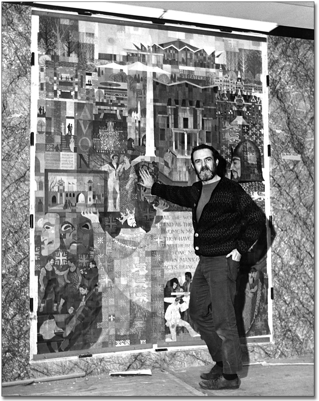 Photo: Donald Lewis installing his mural, Stratford, on the first floor of the Macdonald Block, 1968