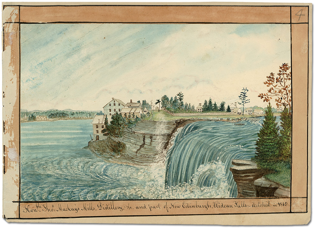 Watercolour: Hon.ble Tho.s McKay's Mills, Distillery, etc. and part of New Edinburgh, Rideau Falls, 1845