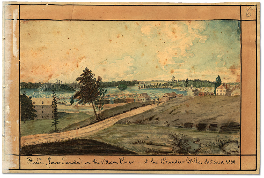 Aquarelle : Hull, (Lower Canada), on the Ottawa River; at the Chaudier Falls, 1830