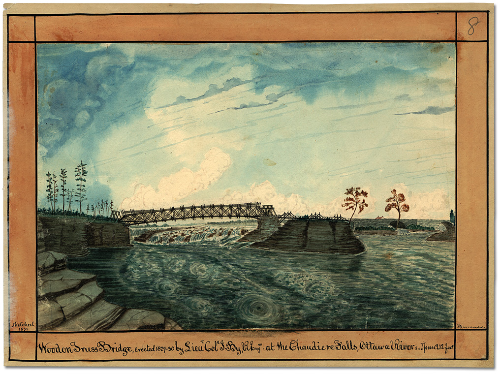 Aquarelle : Wooden Truss Bridge, erected 1829-39 by Lieut. Col. J. By, R. Eng. Rs at the Chaudiere Falls, Ottawa River: Span 212 feet, 1831