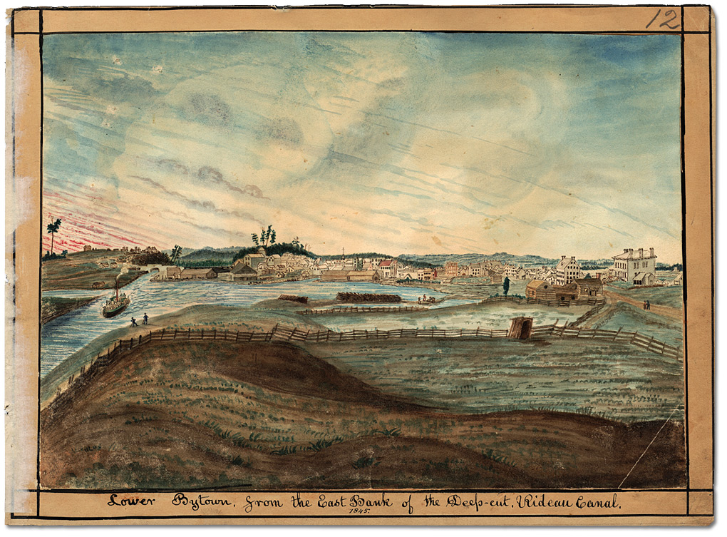 Watercolour: Lower Bytown, from the East Bank of the Deep-cut, Rideau Canal, 1845