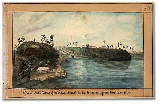 Watercolour: First Eight Locks of the Rideau Canal, the North entrance from the Ottawa River, 1834
