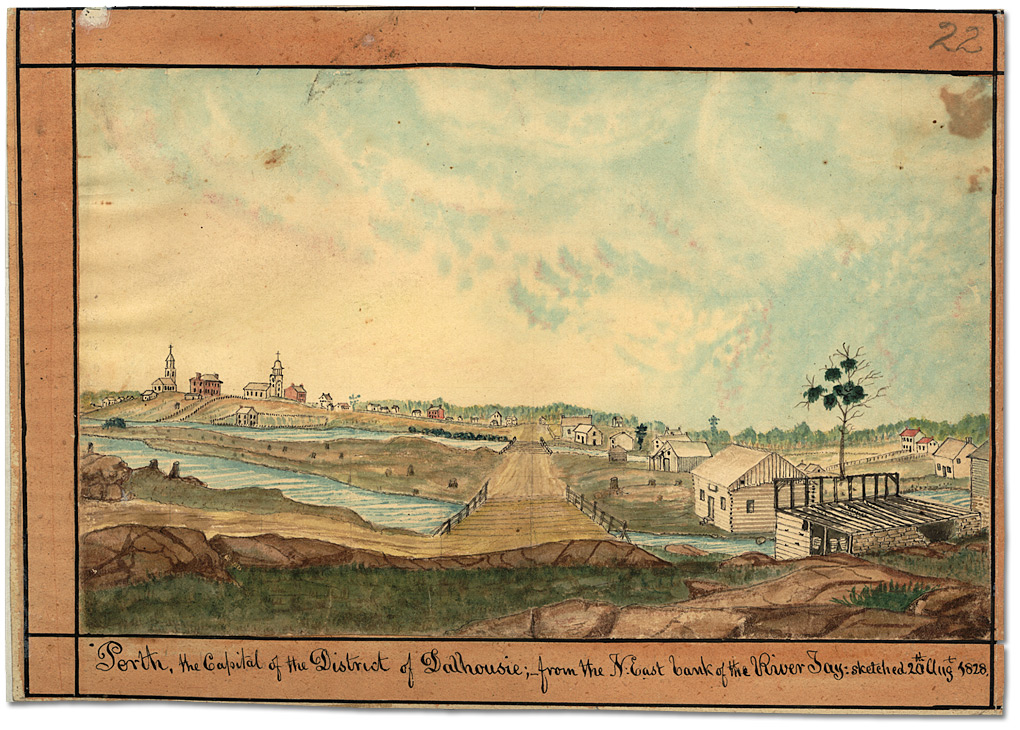 Watercolour: Perth, the Capital of the District of Dalhousie; from the N-East bank of the River Tay, 1828