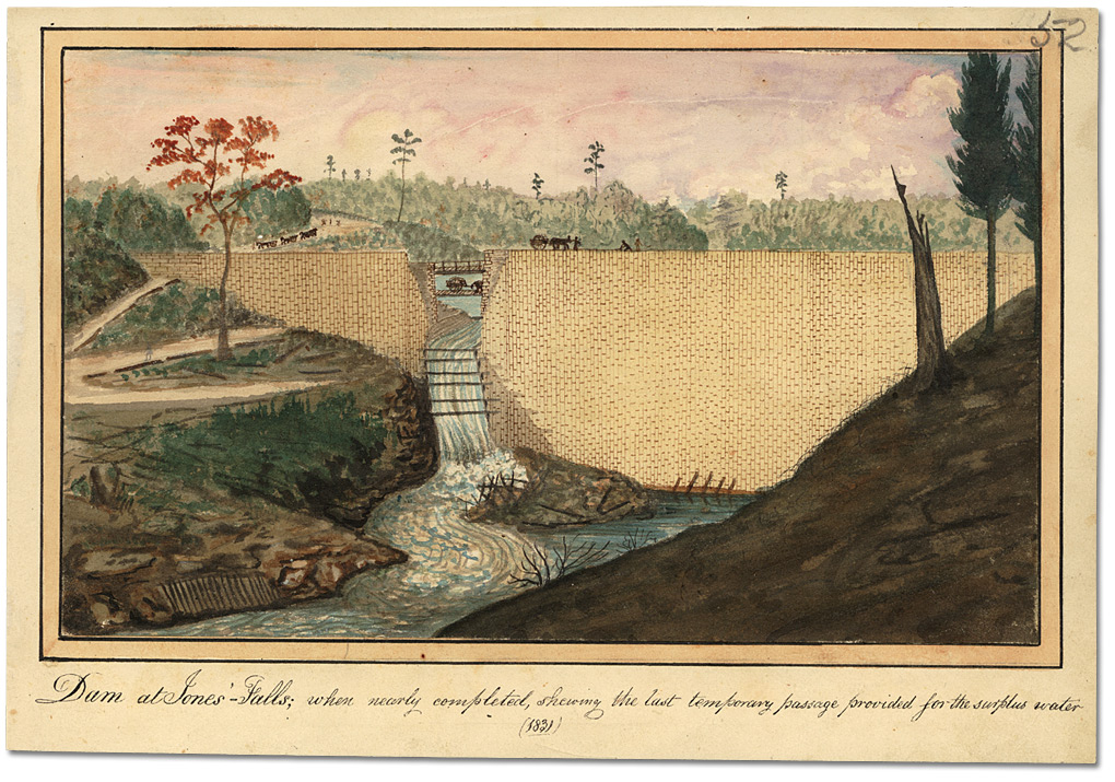 Watercolour: Dam at Jones’ Falls; when nearly completed, shewing the last temporary passage provided for the surplus water, 1841