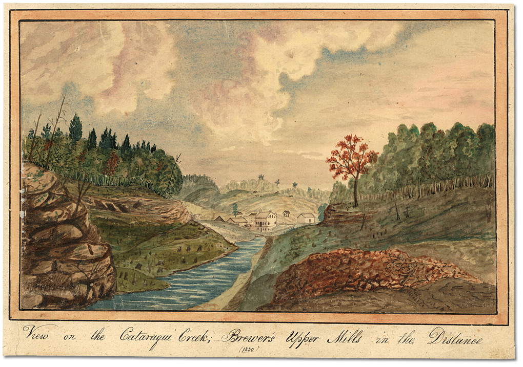 Watercolour: View on the Cataraqui Creek, Brewer's Upper Mills in the background, 1830