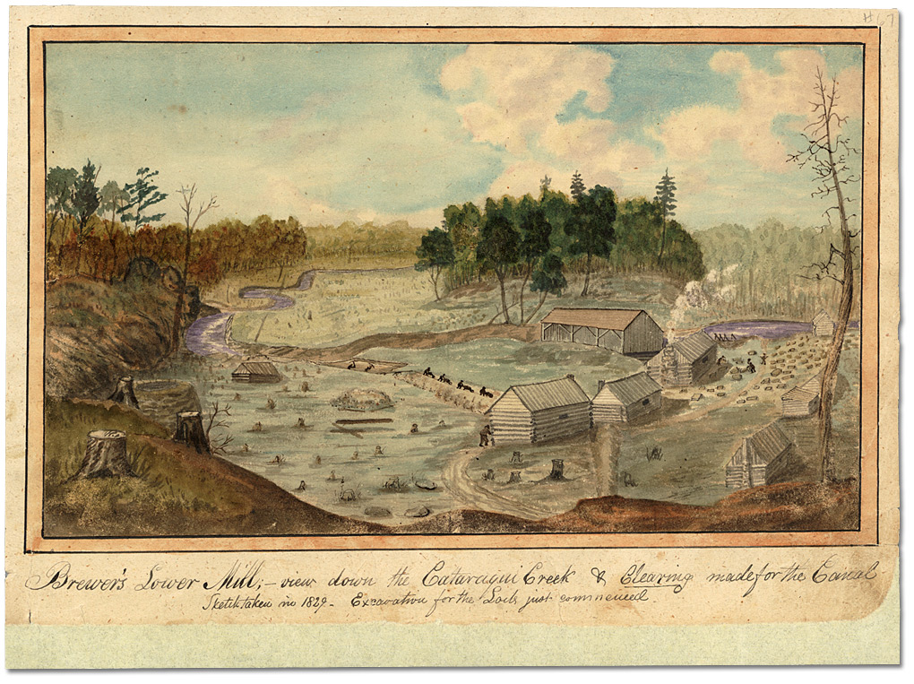 Watercolour: Brewer's Lower Mill; View down the Cataraqui Creek, & and Clearing made for the Canal. Excavation for the Lock just commenced, 1829