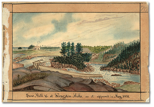 Watercolour: Saw Mill &c. at Kingston Mills, as it appeared in May 1828, 1828