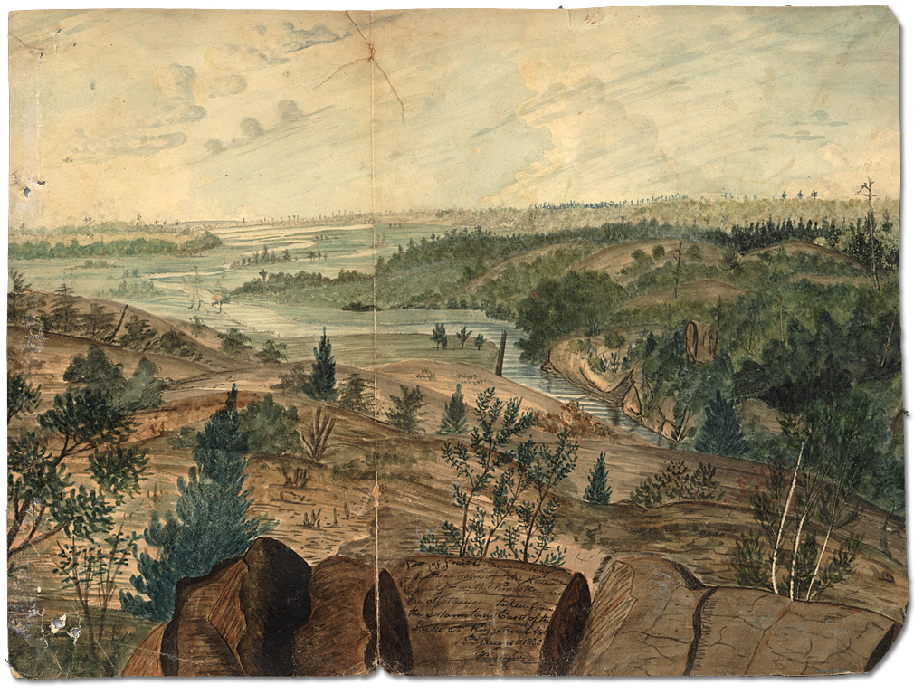 Watercolour: View of the Great Cataraqui Bay or South Entrance of the Rideau Canal with Kingston in the distance – taken from the Mountain East of the Locks at Kingston Mills, 1830
