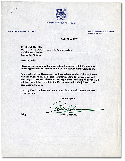 Lettre de Allan Grossman à Daniel G. Hill, 24 avril, 1962