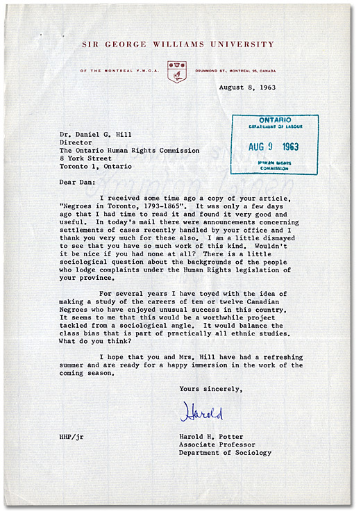 Lettre de Harold H. Potter à Daniel G. Hill, 8 août, 1963