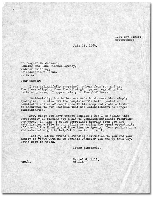 Lettre à Wagner D. Jackson de Daniel G. Hill, 21 juillet, 1964
