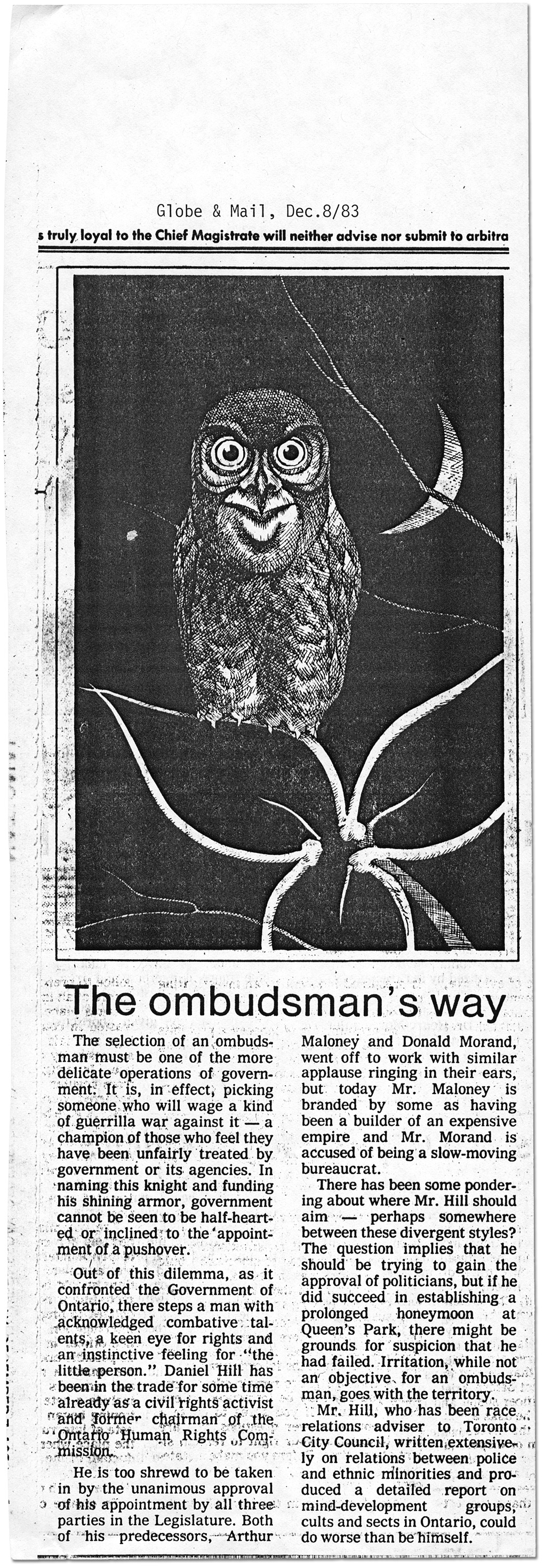 Caricature d'un hibou, du Globe and Mail, 8 décembre 1983