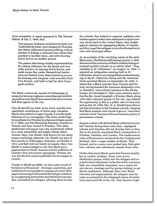 Discours de Daniel G. Hill á la Black History Conference, <br>
"Black History in Early Toronto", 18 février, 1978, Page 14