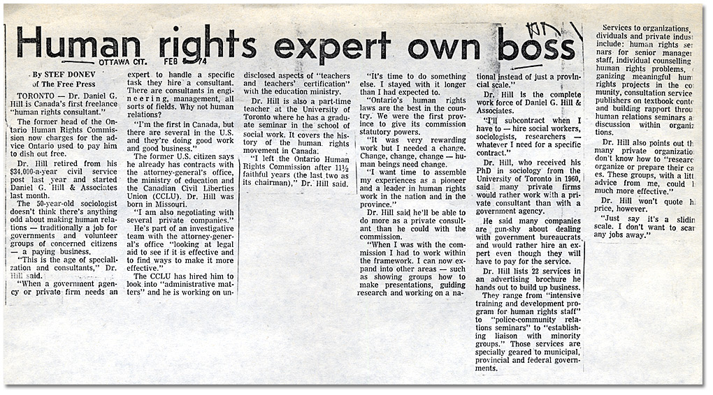 Clipping from the Ottawa Citizen, “Human rights expert own boss”, February 1974
