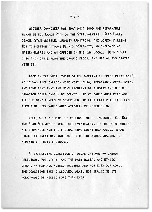 Discours de Donna Hill acceptant le prix du<br>
Congrès du travail du Canada pour services<br> exceptionnels à l'humanité, 30 mai 1984, Page 2