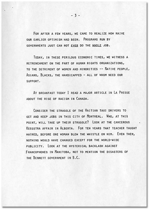 Discours de Donna Hill acceptant le prix du<br>
Congrès du travail du Canada pour services<br> exceptionnels à l'humanité, 30 mai 1984, Page 3