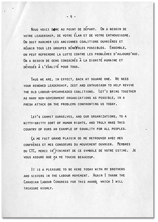 Discours de Donna Hill acceptant le prix du<br>
Congrès du travail du Canada pour services<br> exceptionnels à l'humanité, 30 mai 1984, Page 4