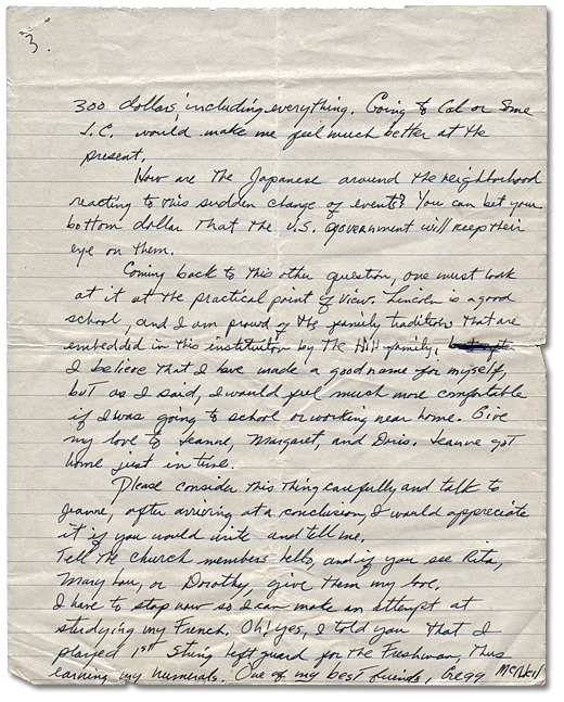 Letter from Daniel G. Hill to 
father, December 7, 1941, Page 3