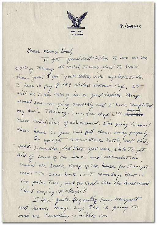Letter from Daniel G. Hill to mother and father, February 28, 1943, Page 1