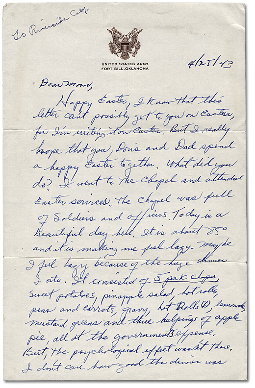 Letter from Daniel G. Hill to mother, April 25, 1943, Page 1