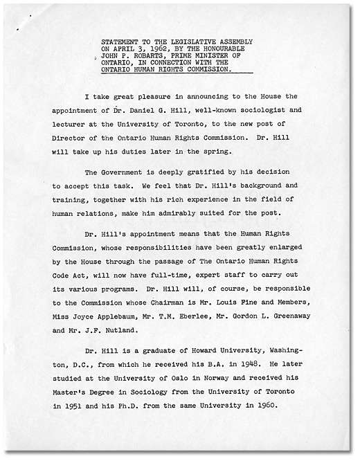 Discours à l’Assemblé législative le 3 avril, 1962, par l’Honorable John P. Robarts, Premier ministre d’Ontario - Page 1