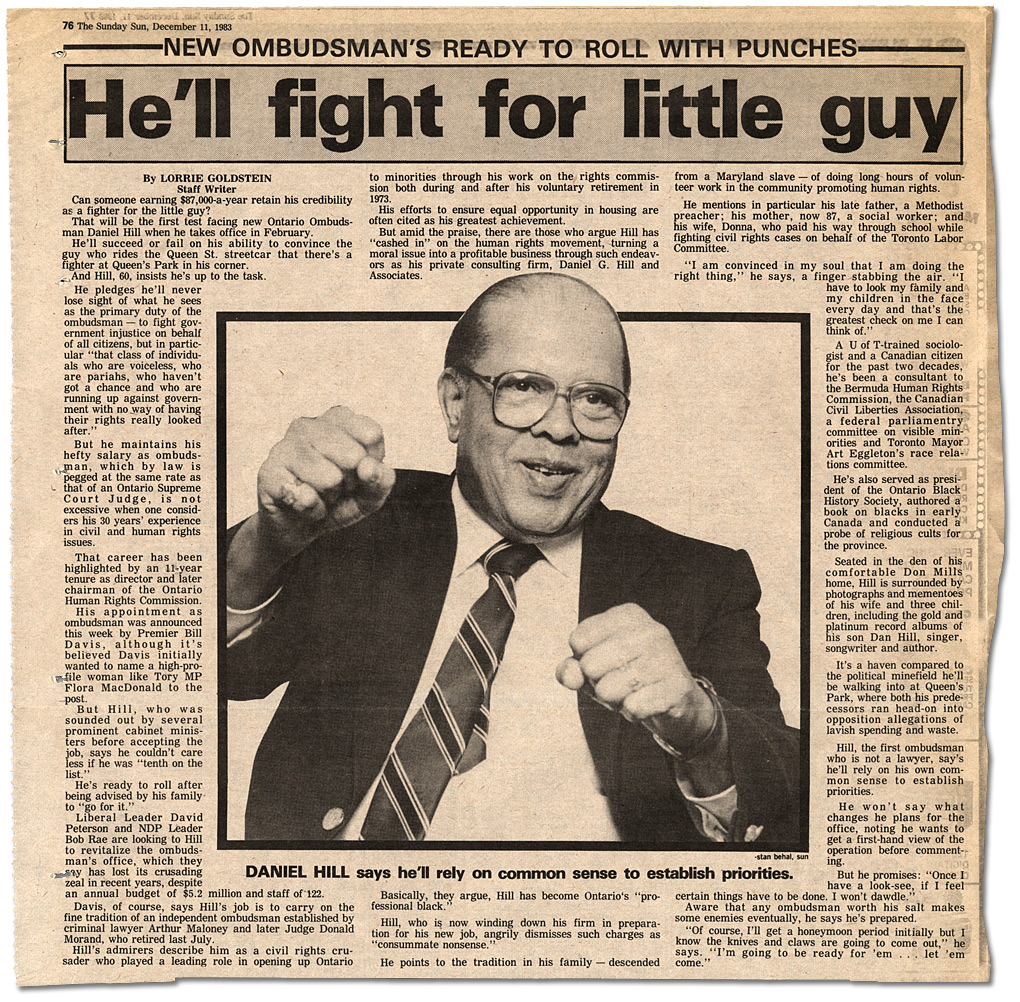 Coupure du Sunday Sun, “New Ombudsman’s Ready to Roll with Punches – He’ll fight for little guy”, 11 décembre 1983