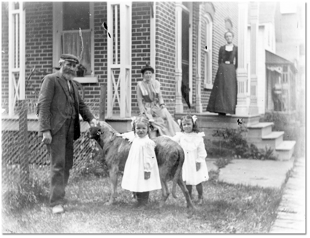 Photographie : Deux petites filles avec un gros chien devant une maison, [entre 1898 et 1920]