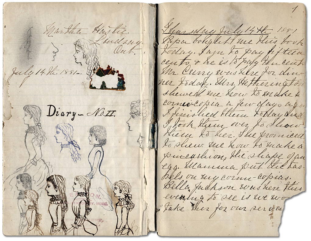 Autoportraits et première entrée de journal de Martha Hastie, en 1881